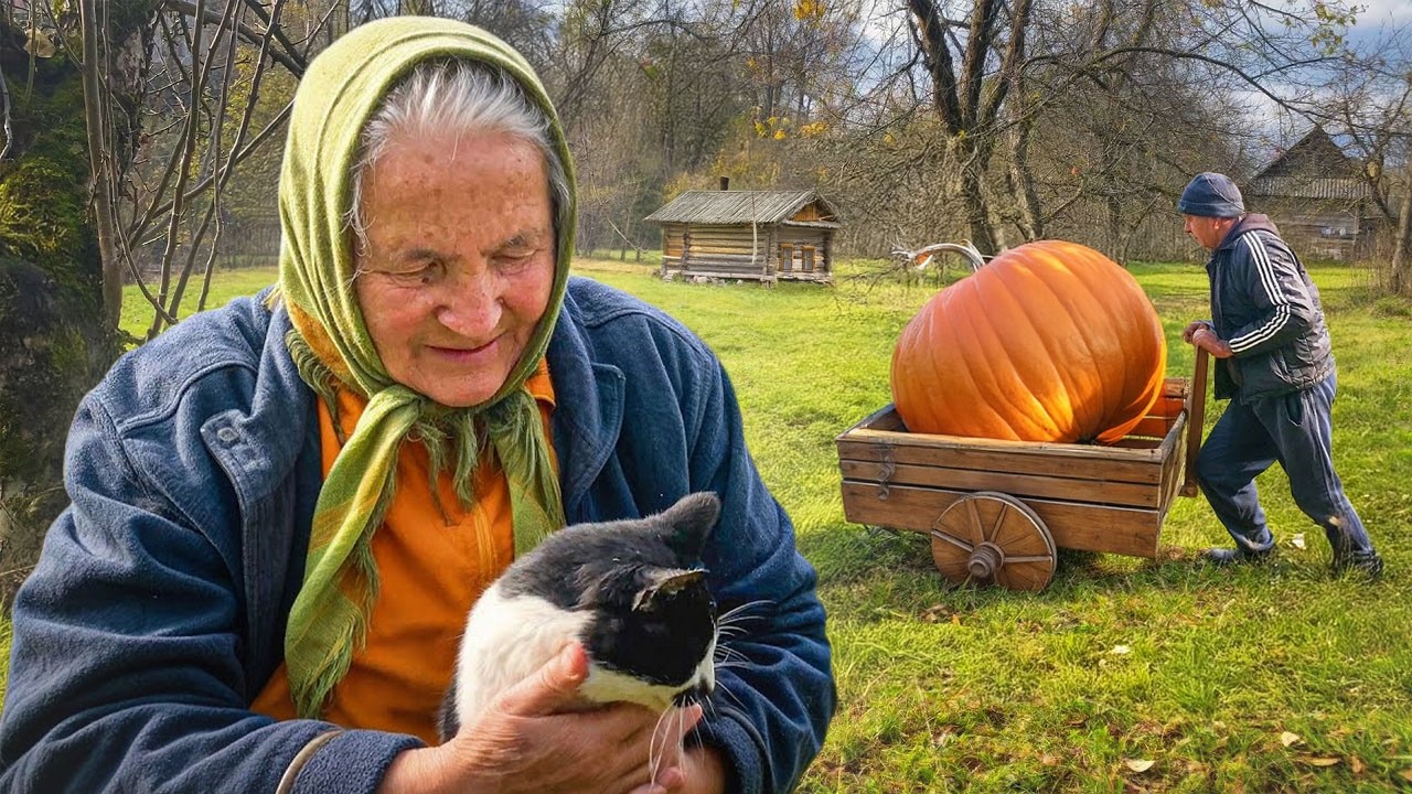 Grandmother holds her cat in the village