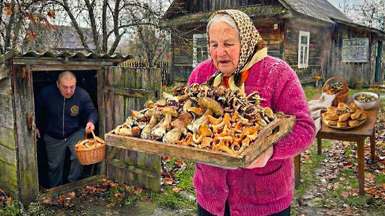Autumn mushroom harvest with grandmother
